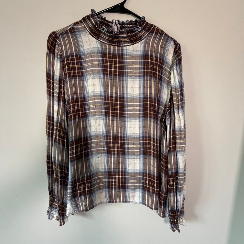 Ann Taylor Factory Plaid Smocked Mock Neck Blouse Copper Metallic Blue Brown L